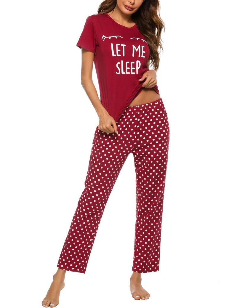 EISHOPEER Women's Cute Printed Short Sleeve Top & Long Pants Sleepwear Pajama Set Wine Red S - Image 2
